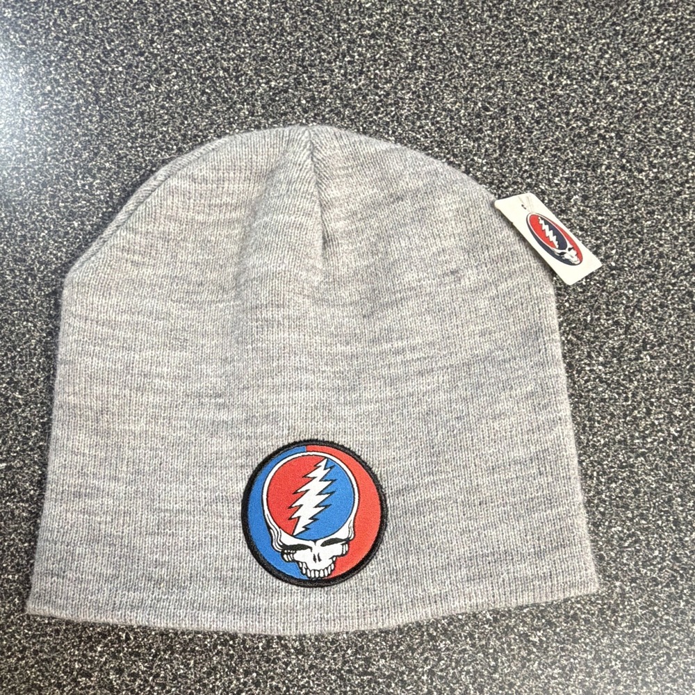Grateful Dead Skull & Lightning Steal Your Face Gray Beanie Hat NWT Dead Head